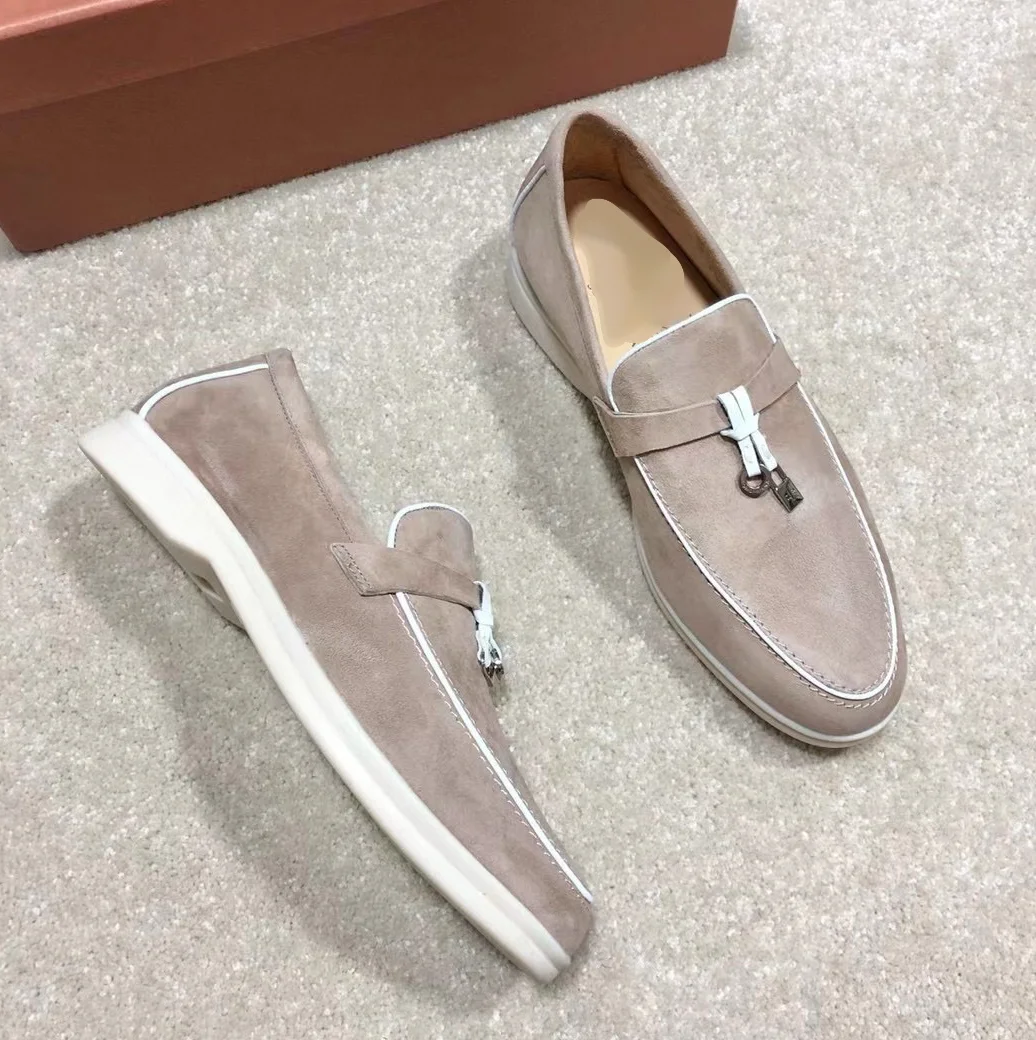 Beige color round toe  all-matching casual  lady suede loafers shoes