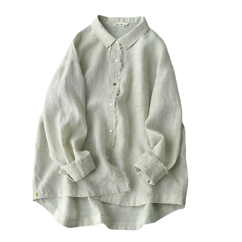 Spring Autumn Women Casual All-match Brief Loose Comfortable Natural Fabric Water Washed Linen White Shirts/Blouses