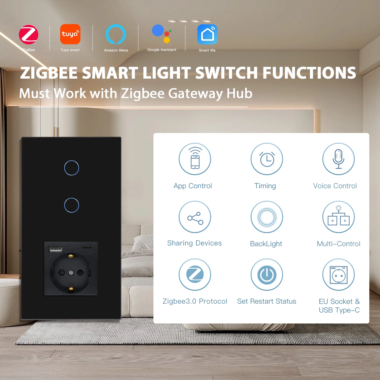 BSEED ZigBee Light Switches 1/2/3Gang 1/2/3Way Sensor Wall Touch Switches Smart Tuya Alexa EU Standard USB Phone Charge Socket