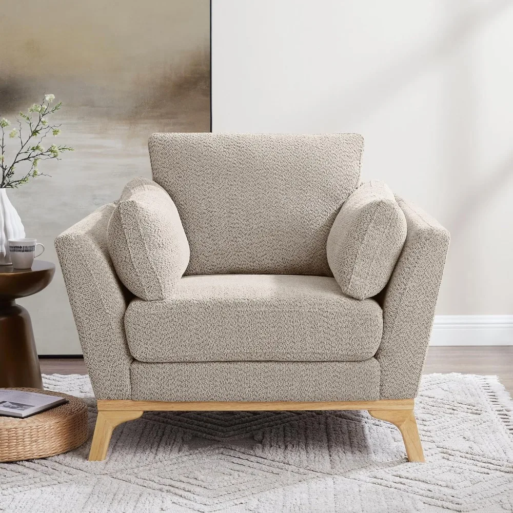 Large-Sized Accent Chair, Thick Cushion Bedroom Reading Chair, Comfortable Living Room Single Sofa， Boucle Camel