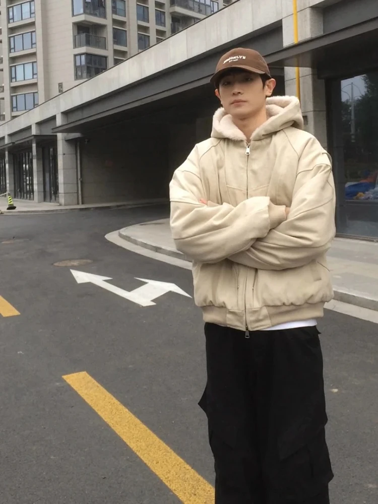 

Men's Fce Lined Thiened Cotton Jaet Winter Patchwork Coat Cleanfit American Sle Hooded Cotton Padded Casual Wear