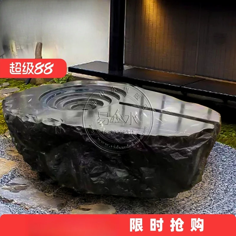 Bol à eau en pierre noire de montagne, ornement de jardinage extérieur, bassin d'eau, fontaine de style japonais