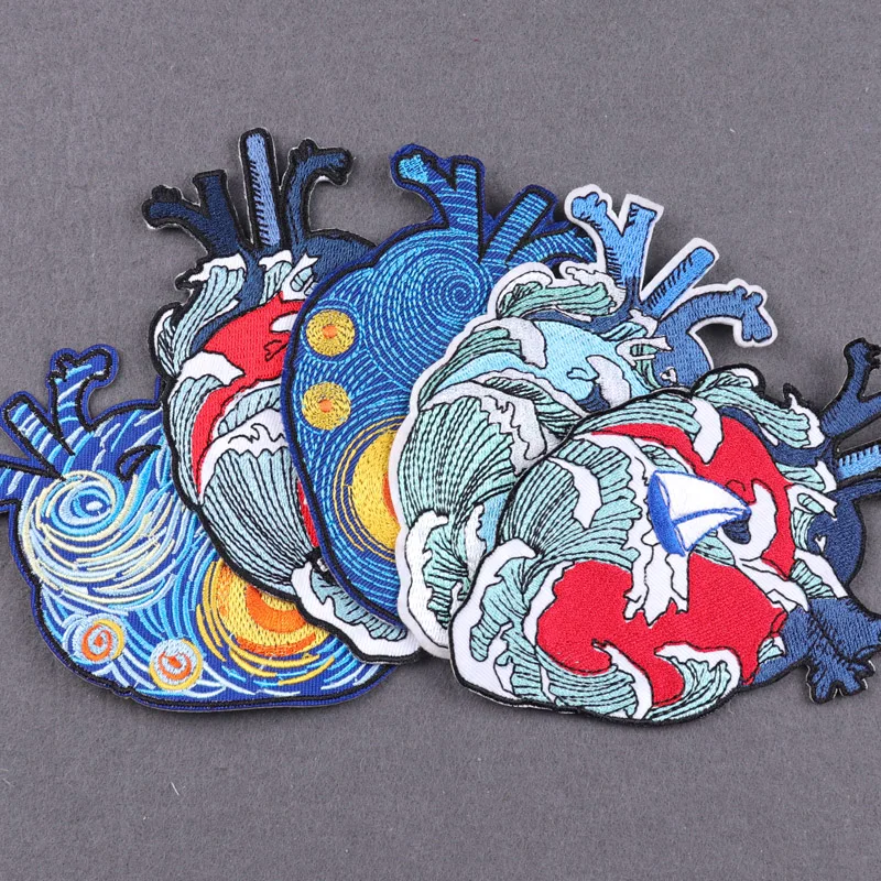 Van Gogh Heart Embroidery Patch Applique DIY Anatomical Heart Iron on Patches for Clothing Sticker Wave Patches on Clothes Badge