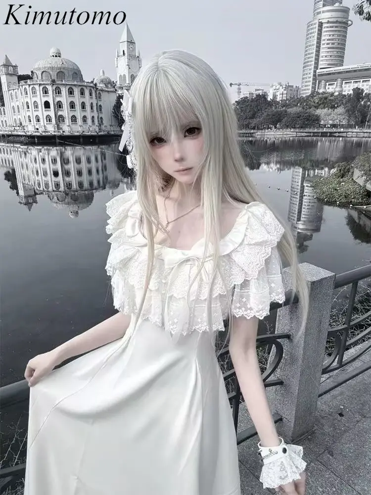 

Kimutomo 2025 Sweet Japanese Retro Waist Collection Summer New Style Bow Lace Dress Show Thin Temperament Long Dress