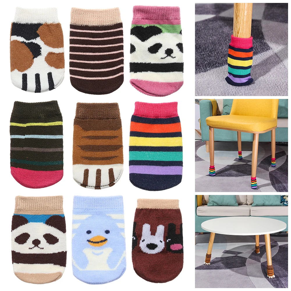 4Pcs Cartoon Table Foot Socks Chair Leg Covers Floor Protectors Non-Slip Knitting Socks For Furniture Cartoon Home Decor