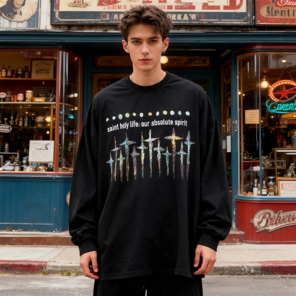 

KUCLUT 1:1 SAINT OF MICHAEL American Style Quality Printed Long Sleeves Tee Loose Oversize Tops Casual Vintage T Shirt Men