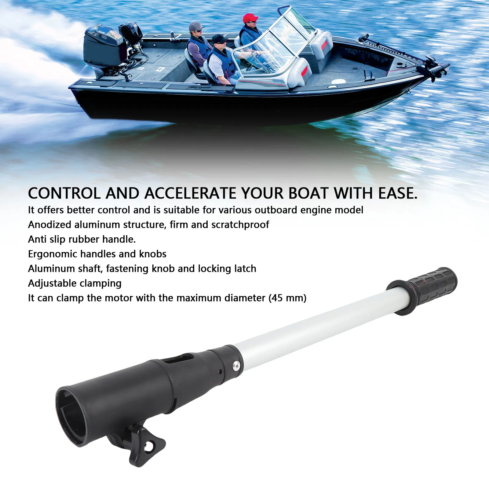 

18.1in Aluminum Tiller Handle Extension with Non-Slip Ergonomic Length Knobs for Secure Grip in All Weather Outboard Steering