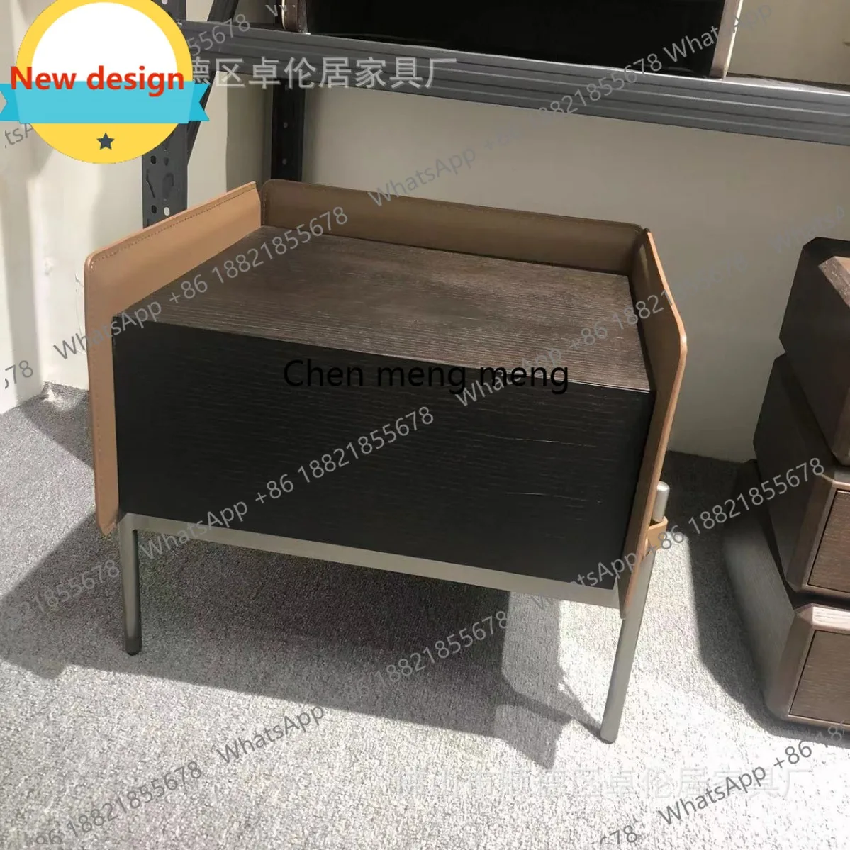 Italian minimalist smoked solid wood bedside table saddle leather hard leather bedside table b567
