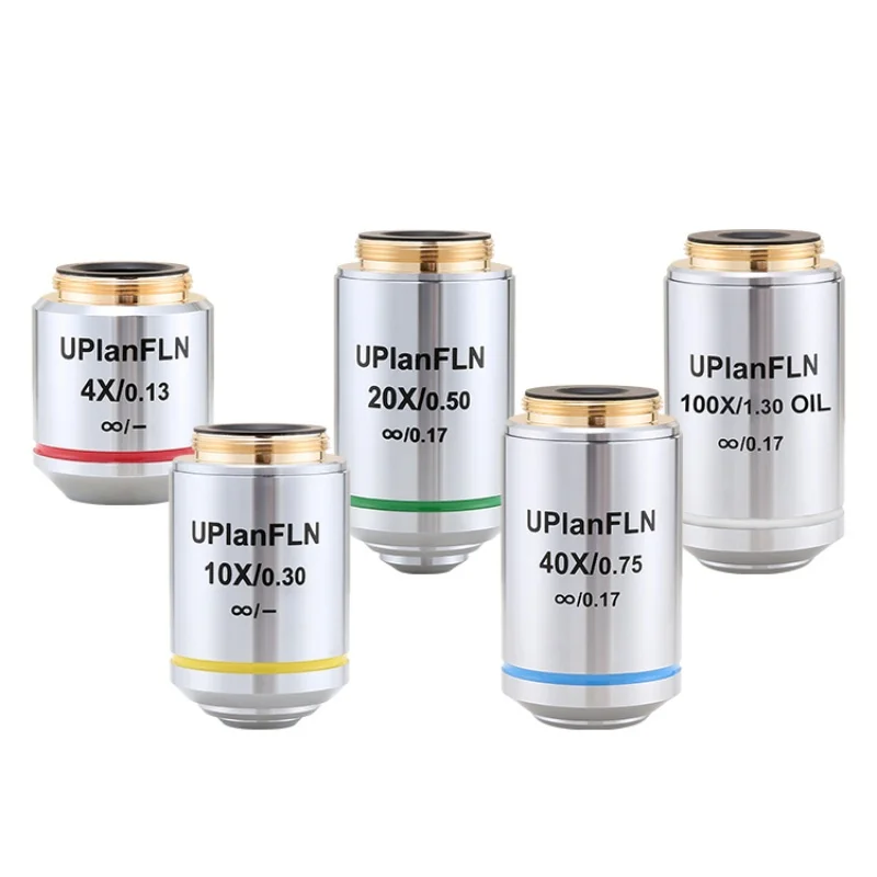 Semi Apochromatic Infinity Fluorescence Objective Lens 4X 10X 20X 40X 100X UPlanFLN RMS Thread 180mm Infinite Microscope Parts