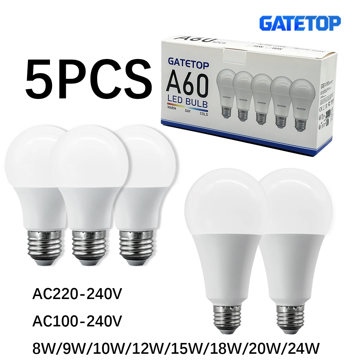 5-Pack A60 A80 LED Bulb Lamps E27 AC 220V Light Bulb Real Power 20W 18W 15W 12W 10W 9W 8W Lampada Living Room Home LED Illa