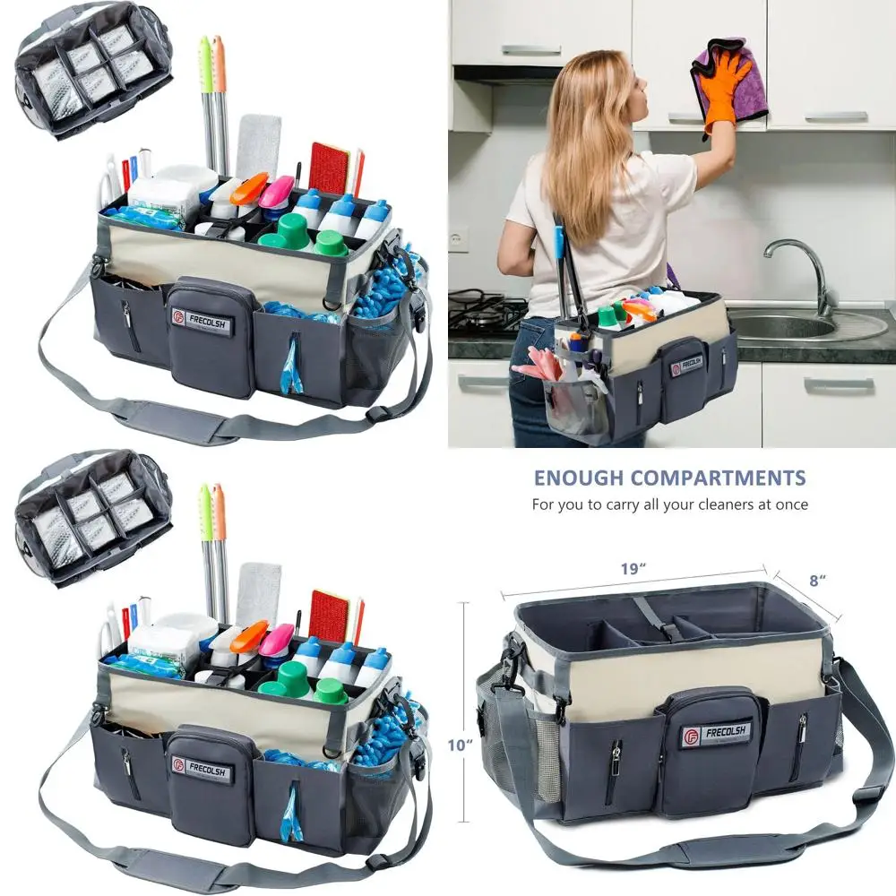 

Portable Cleaning Kit Organizer with Handle and Shoulder Strap - Upgraded Wearable Tote for Housekeeping Supplies