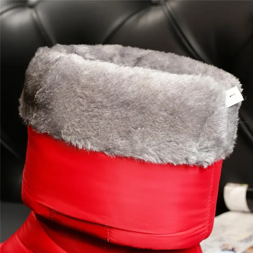 Winter Warm Plush Women Snow Boots Platform Wedge Heel Round Toe Red White Down Casual Outdoor Ladies Slip-on Fur Mid-calf Boots