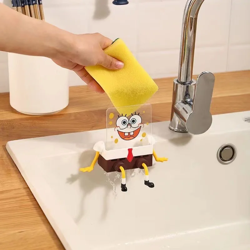 SpongeBob SquarePants Dish Washing Brush Drain Rack Sink Dish Cloth Brush Pot Cartoon Rack Sponge Kitchen Supplies Reusable