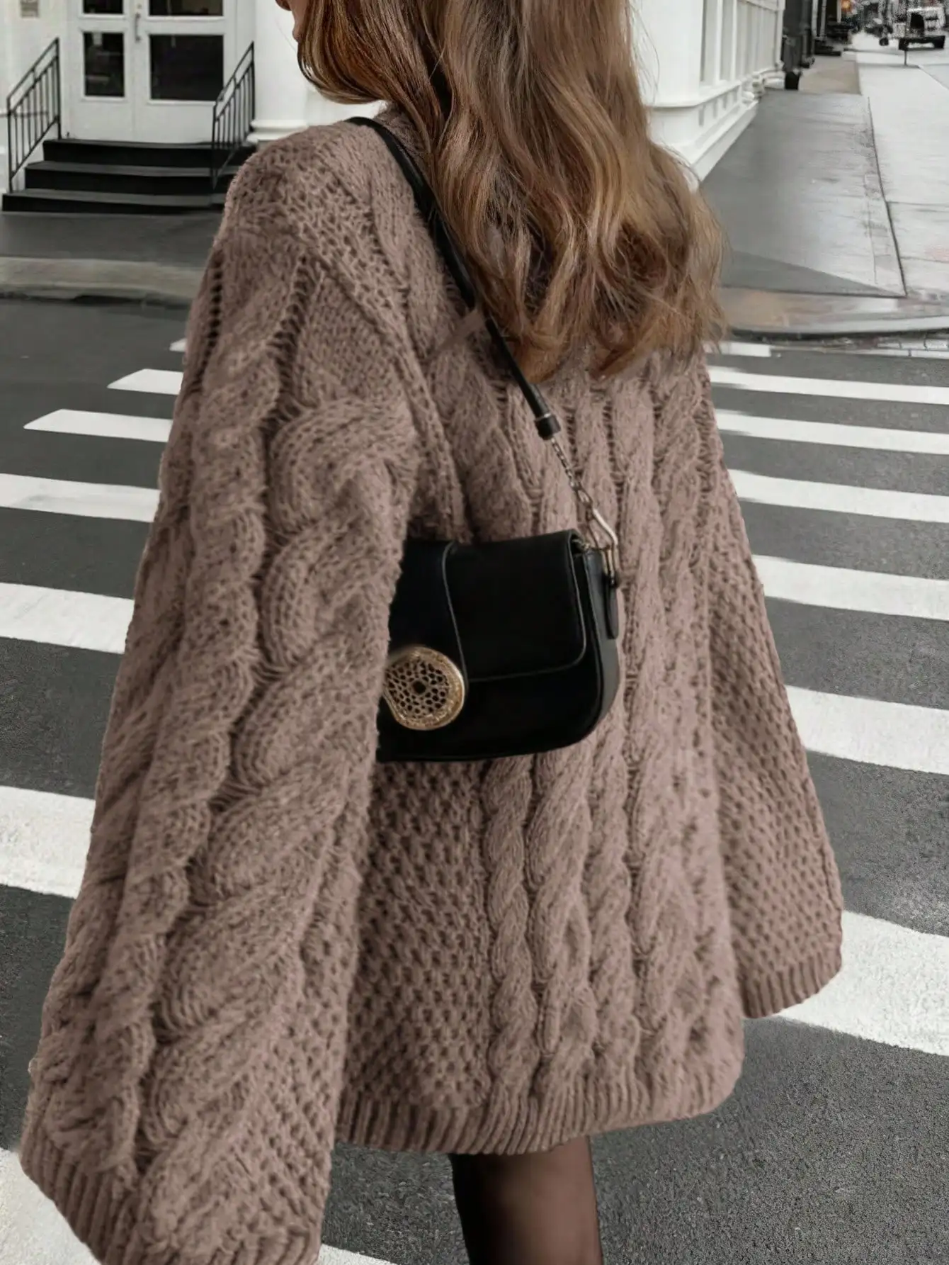 Melancholy Grunge Coziness Chunky Cable Knitwear Retro Indie Aesthetic Long Sleeve Soft Jumper Top Muted Taupe Brown Solid Hue Thick Twisted Braided Texture Ribbed Crewneck Oversized Fit For Autumn Coffee Run Valentine Gift