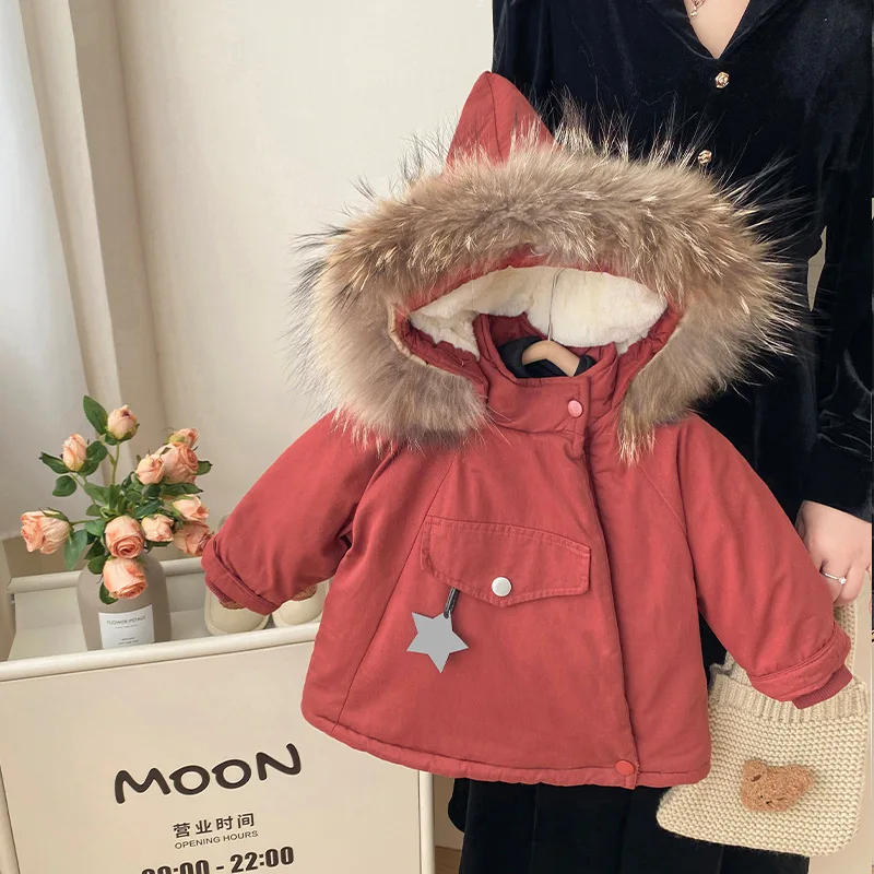 Girls' Cotton Coat for Winter 2024, New Children's Plush and Thick Parker Cotton Coat, Warm Baby Winter Coat