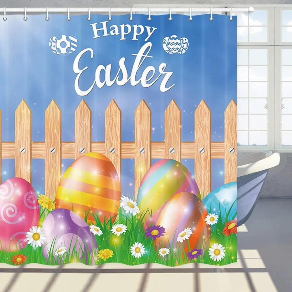 Happy Easter Shower Curtain Easters Eggs Grass Field Flower Wooden Fence Background Polyester Fabric Bath Curtains with Hooks