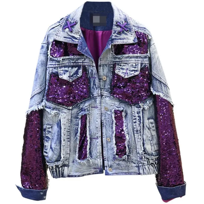 

Sequins Spliced Denim Jacket For Women Loose Fashion Coat