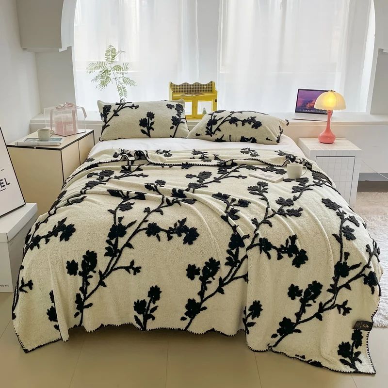 Black Plant Flower Embroidery Blanket, Adult Children Bedroom Decorative Bed Blankets, Travel Camping Warm Queen Throw Blanket