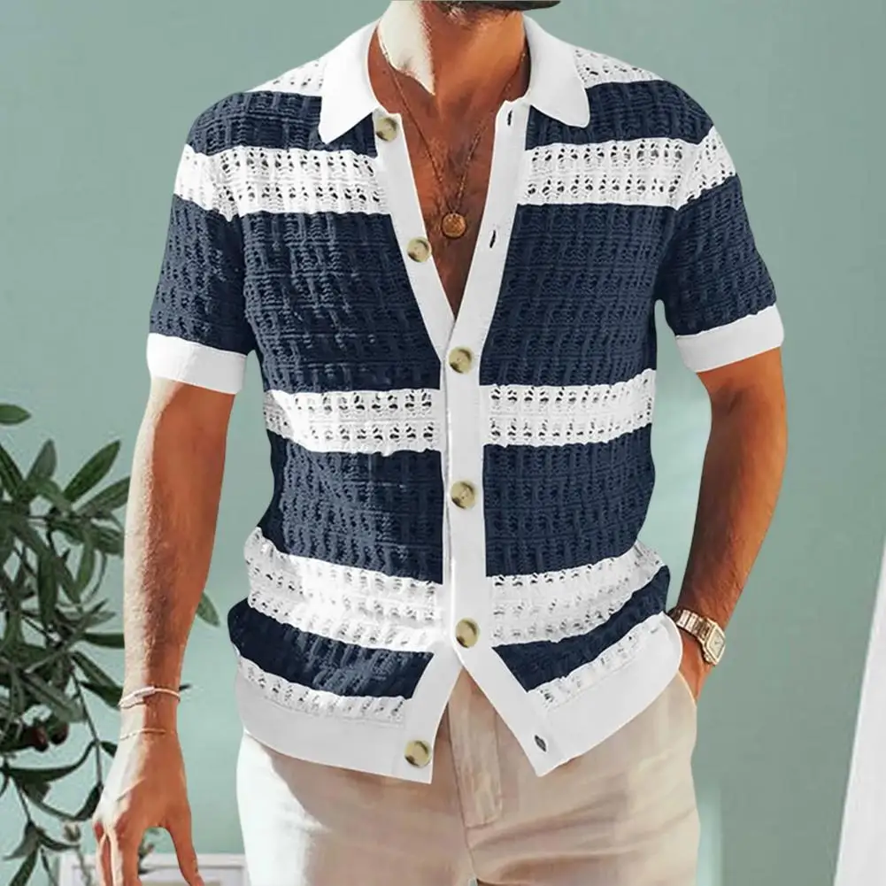 

2023 Summer New Sweater Mens Tshirts Lapel Short Sleeve Color Matching Hollow Out Cardigan T Shirts Male Tops