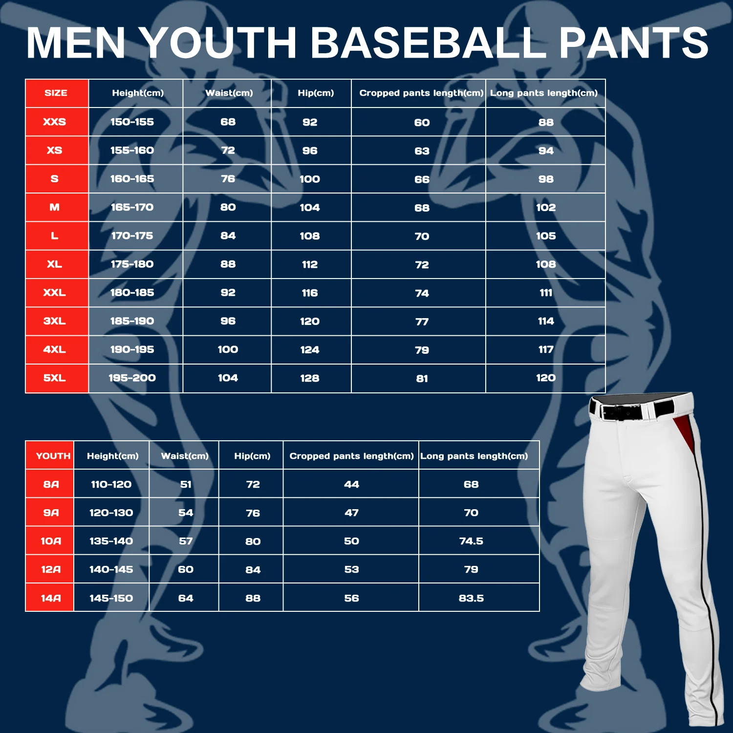 Custom Men Youth Traditional Cropped Baseball Game Pants Softball Training Uniform Breathable Casual Sportswear