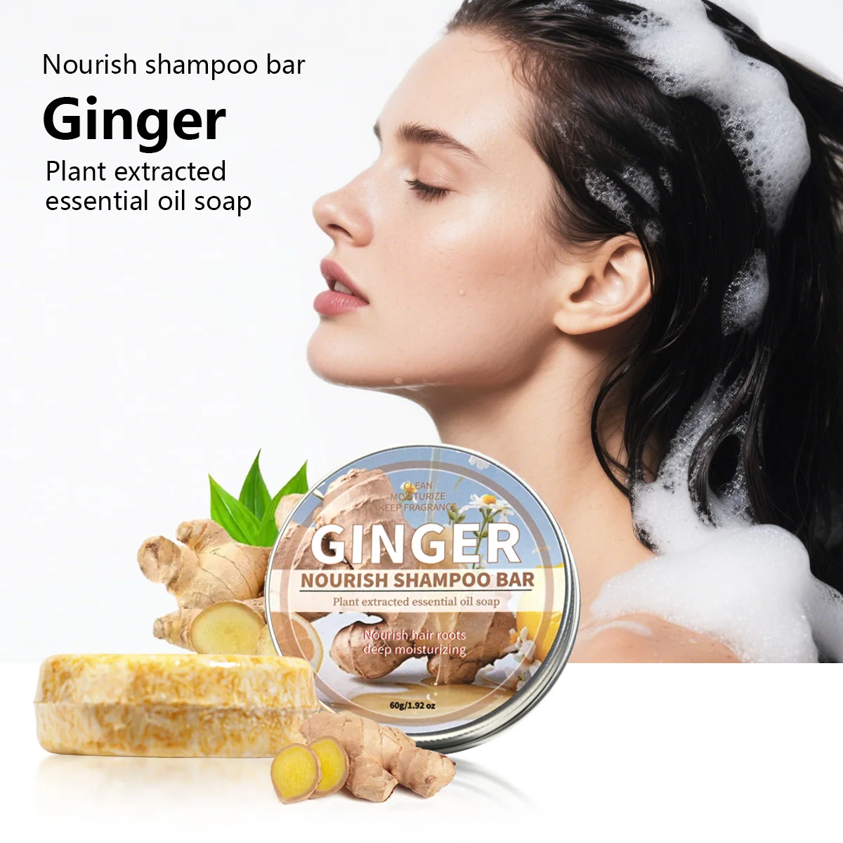 

Ginger Essential Oil Shampoo Bar, Plant Extract Essence Deep Hair Care Cleaning Shampoo, Solid Shampoo