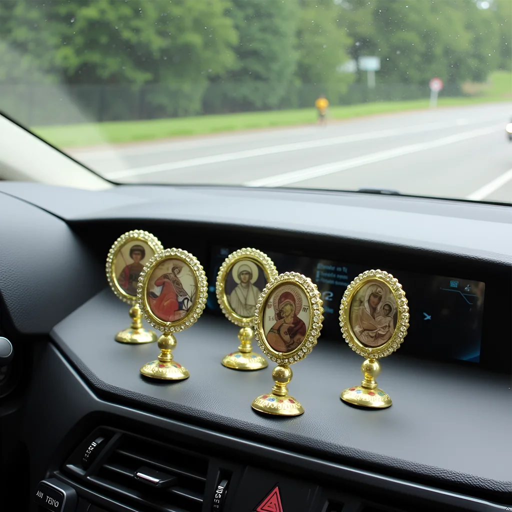 New East Orthodox Icon Zinc Alloy Rhinestone Gold Plating Virgin Mary Saints Glue Base Car Dashboard Home Tabletop Decor Gift