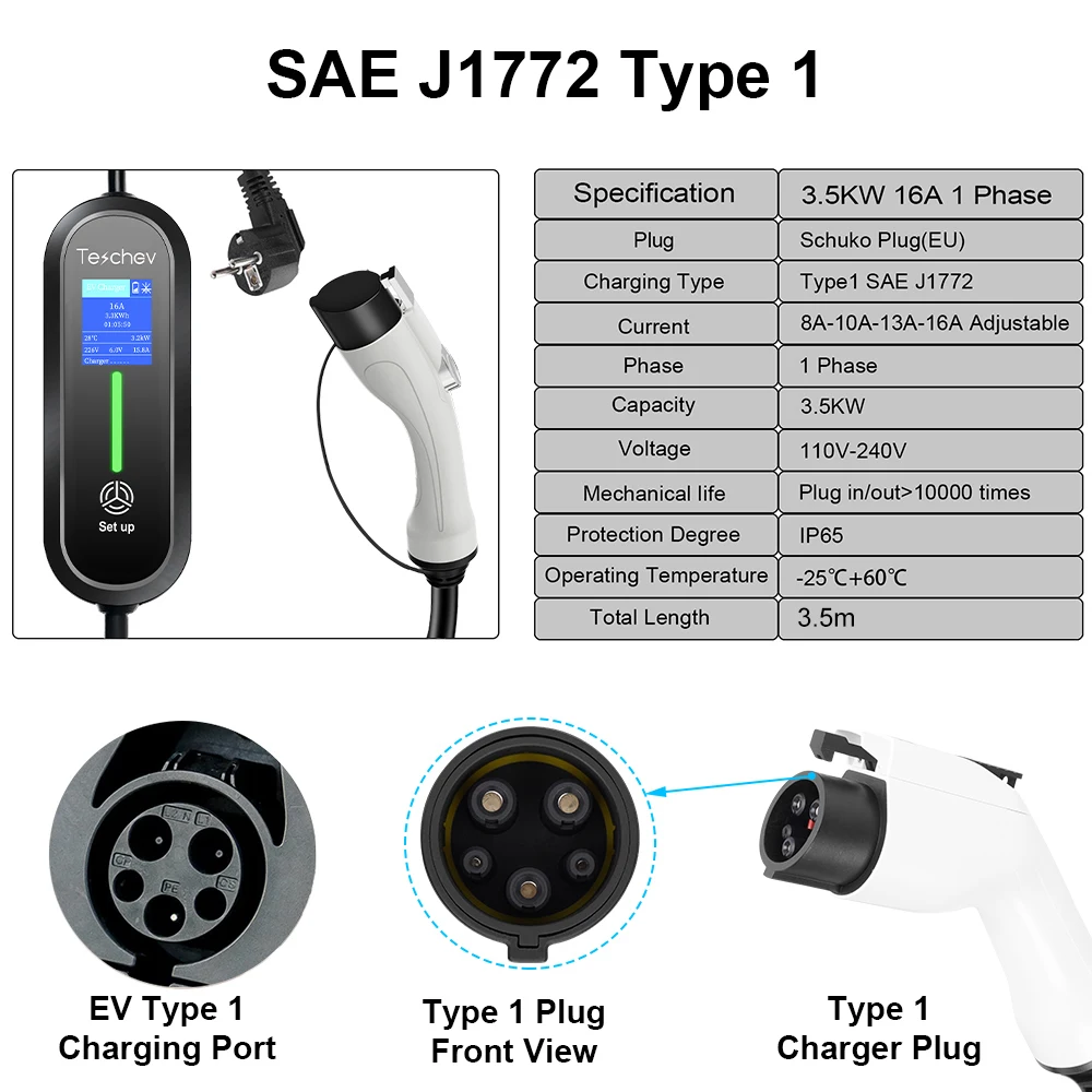 Carregador portátil EV Teschev 220V Type1 16A Cabo de carregamento GBT Wallbox EVSE Type2 Estações de carregamento para veículos elétricos