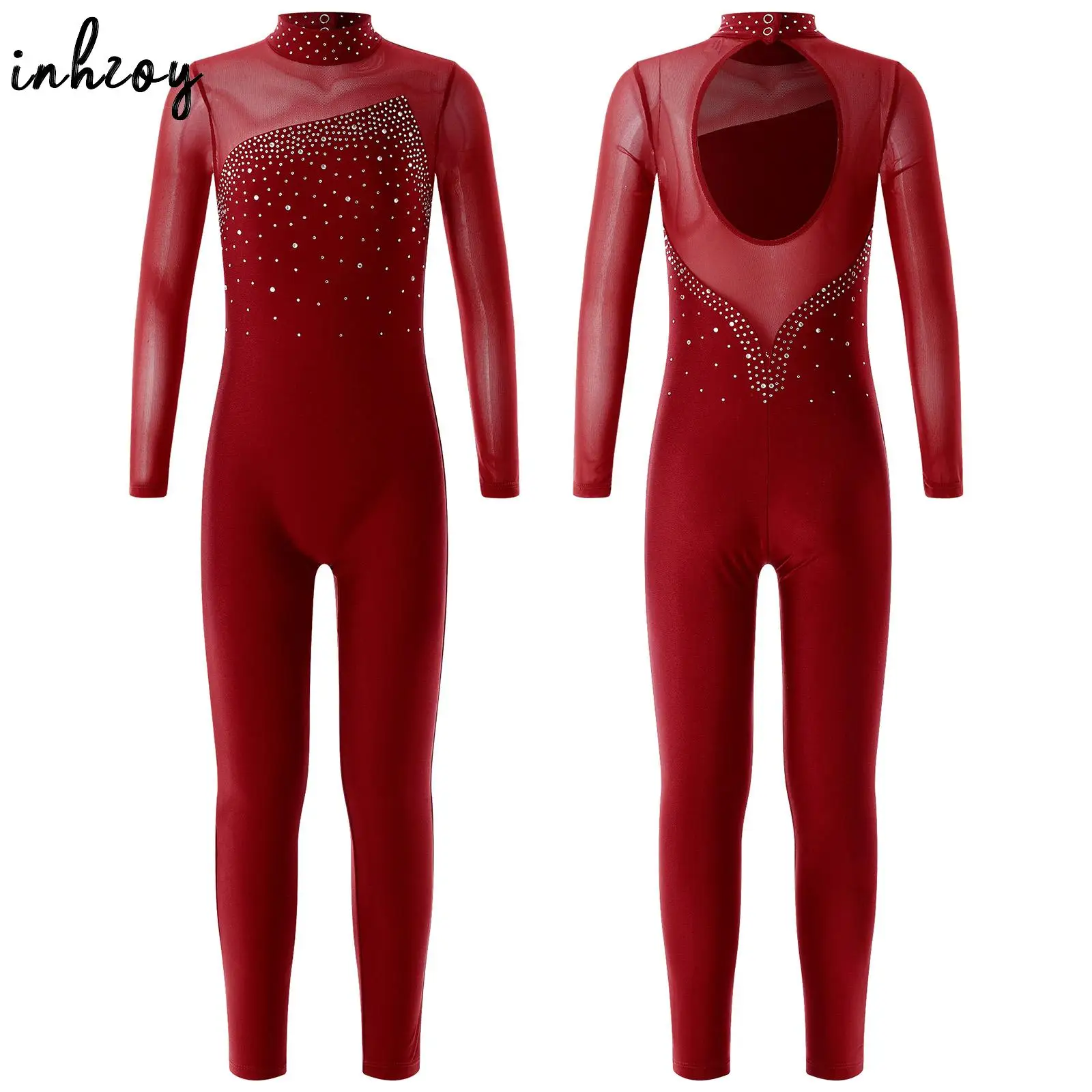 Kids Girls Shiny Rhinestone Gymnastics Leotards Dance Unitard Long Sleeve Mock Neck Mesh Splice Full Bodysuit Skating Jumpsuit