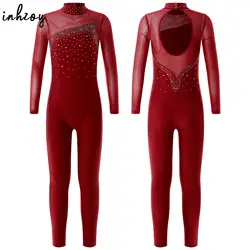 Kids Girls Shiny Rhinestone Gymnastics Leotards Dance Unitard Long Sleeve Mock Neck Mesh Splice Full Bodysuit Skating Jumpsuit