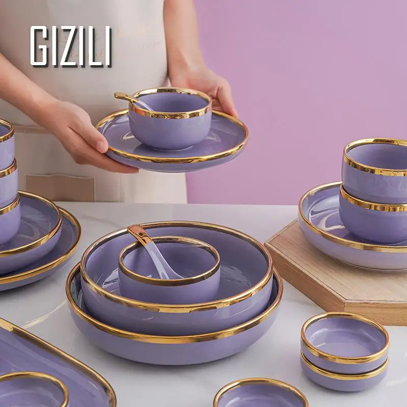 Purple Porcelain Plates Dinner Plates Dinnerware Set Luxury Food Dinner Dishes Salad Soup Bowl Ceramic Dessert Cake Plate