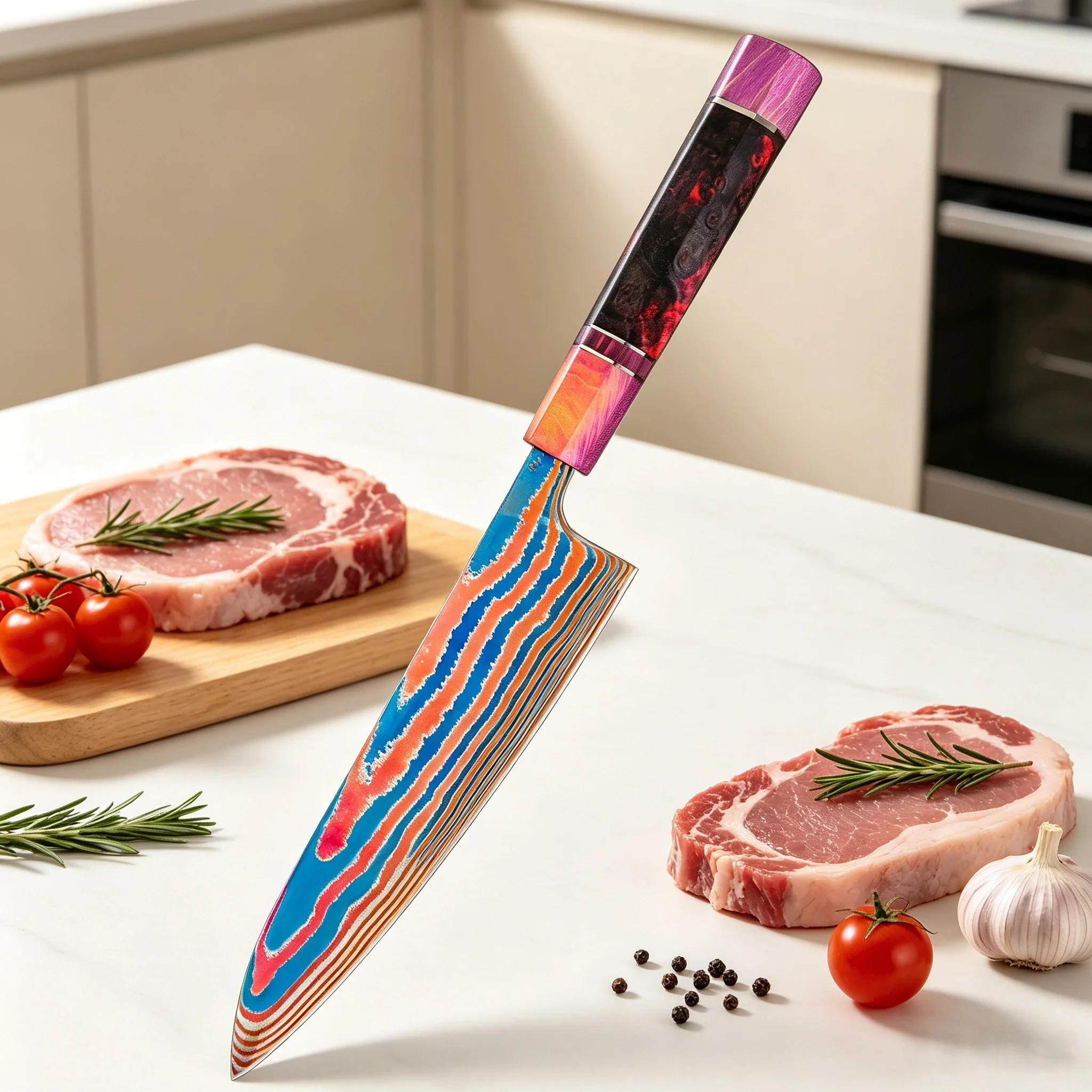 Premium Titanium Damascus Steel Chef Knife Kitchen Knives Vegetables Fruit BBQ Meat Slicing KnifeStabilized Colored Wood Handle