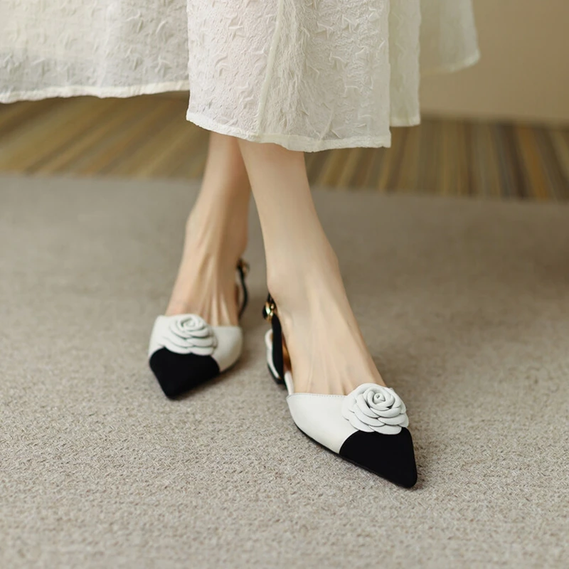 NEW Summer Women Shoes Split Leather Pointed Toe Women Sandals Mixed Colors Chunky Heel Shoes for Women Soft Low Heels Plus Size image 5