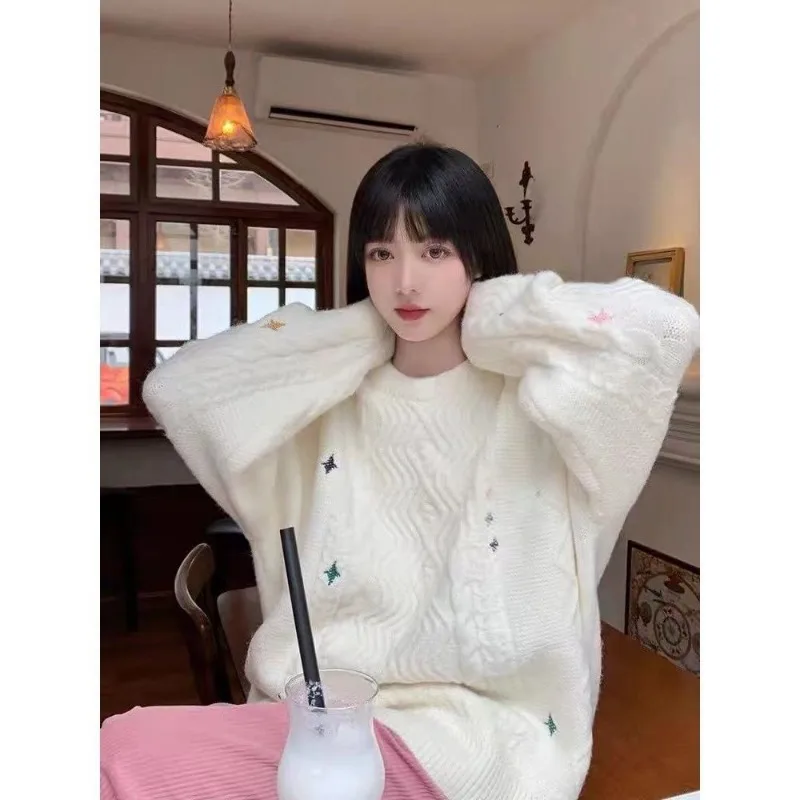 Japanese Style Women's Sweaters Autumn and Winter Loose O-neck Solid Color Sweet Girls Casual Daily Kawaii Pullovers Female