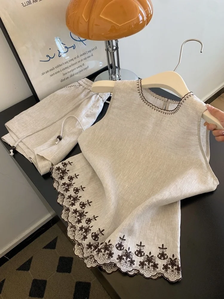 

Ele Lace Embroidery Trim Vest And orts Set Women's Summer Outerwear Simple Vintage Sle Heavy Embroidery Floral Pattern