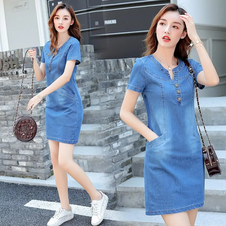 2023 Ladies Summer Denim Dress Female Casual Fashion Mini Denim Dress V-Neck Short Sleeve thin Jean Dress solid denim dresses