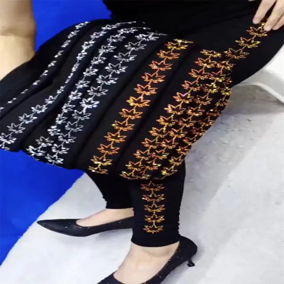 Autumn Winter Sequin Print Black Women's Leggings Pants High Waist Velvet Plus Size Pencil Trousers