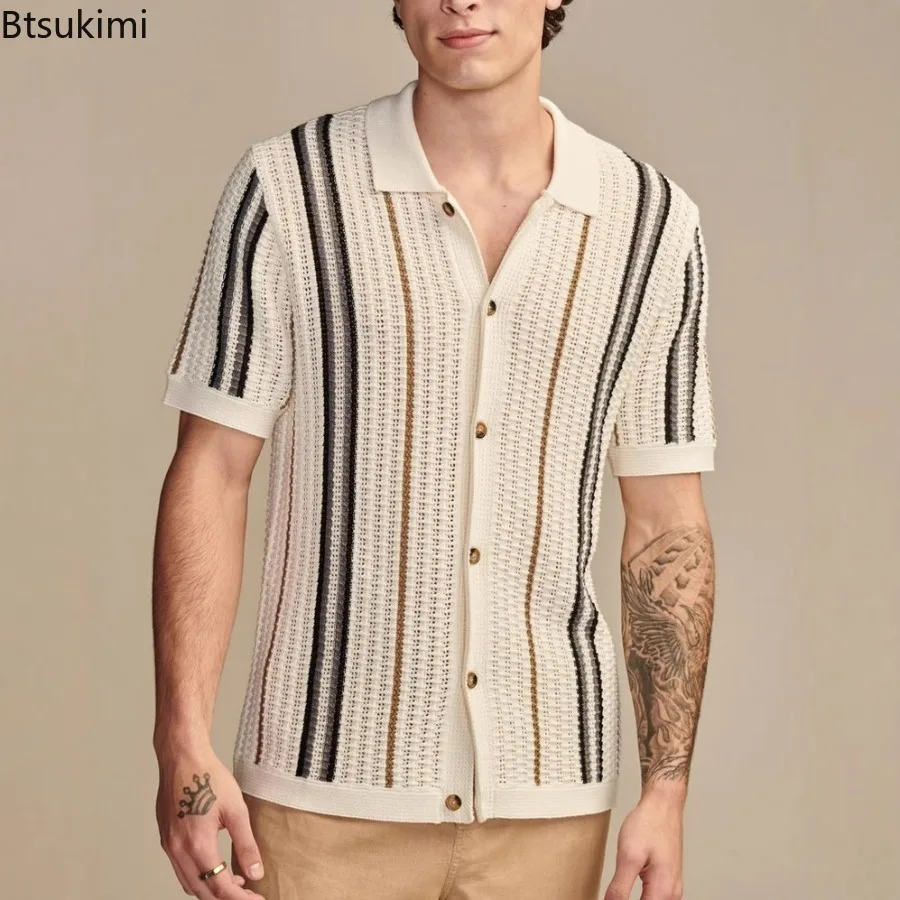 Luxury Men's Summer Knitted Shirts Breathable Slim Fit Short Sleeve Knit Casual Shirt Men Vintage Striped Crochet Knitting Shirt