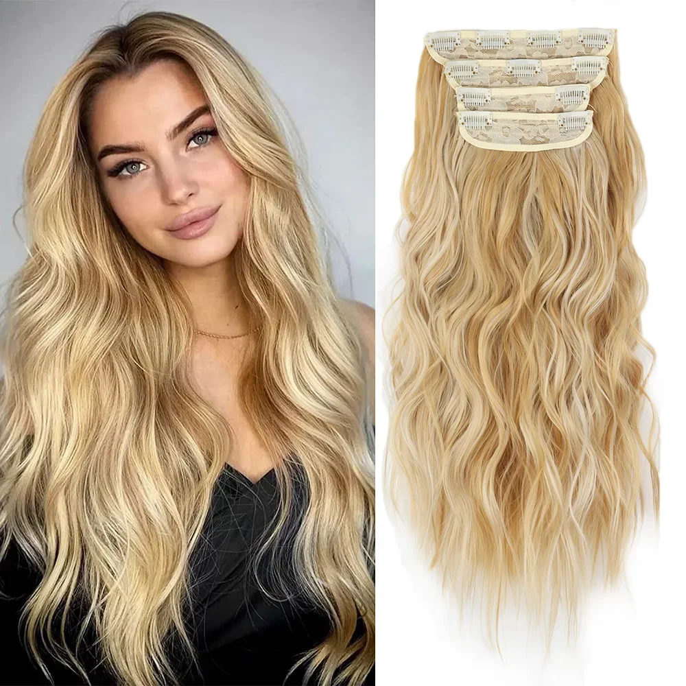 

Clip in Hair Extensions for Women Synthetic 4PCS Wavy Curly Clip on Hair 20inch Honey Blonde Mixed Light Brown Thick Hairpieces