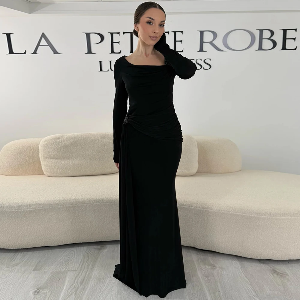 Vestido de noche Vanessa negro con escote redondo y manga larga, estilo sirena, personalizado para ocasiones especiales, fiestas y bailes de graduación
