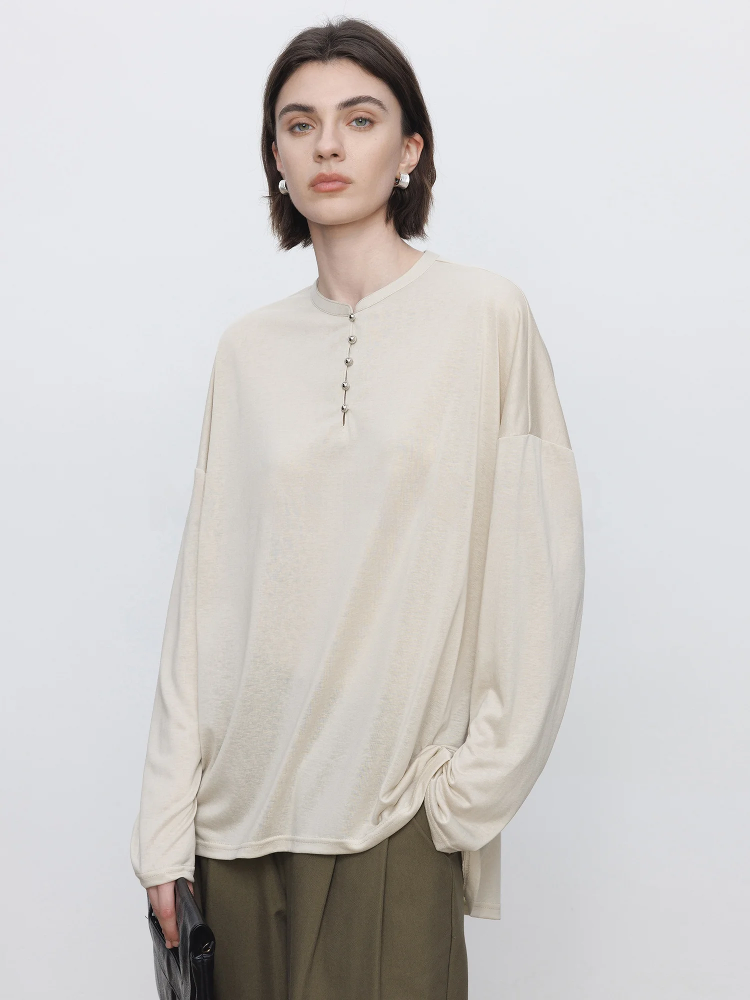 

Женская повседневная универсальная футболка Maiheren Henry Collar из льна с длинным рукавом, весенний комфортный свободный топ с круглым вырезом