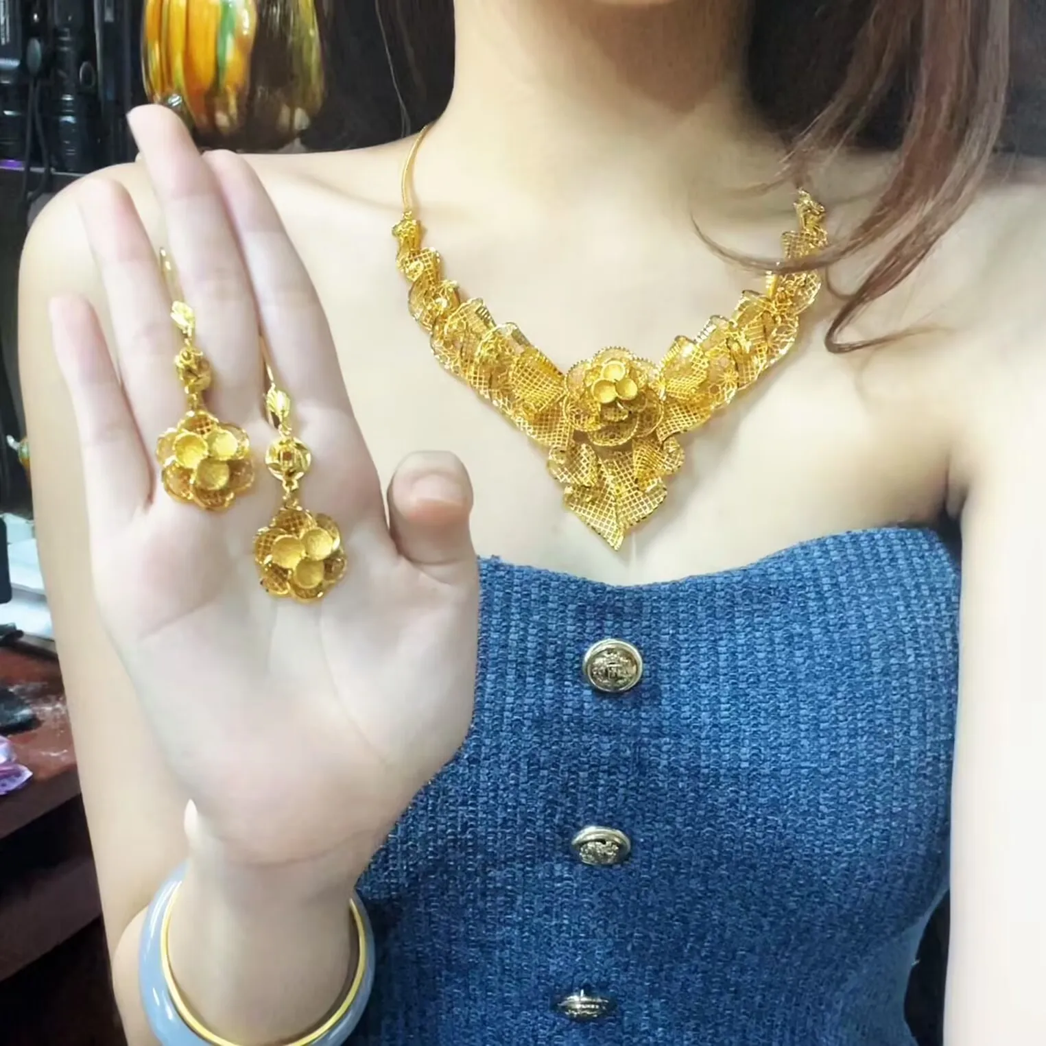 

Новые американские 24-каратные позолоченные серьги-колье для романтической свадебной вечеринки, комплект ювелирных изделий для влюбленных YY10915