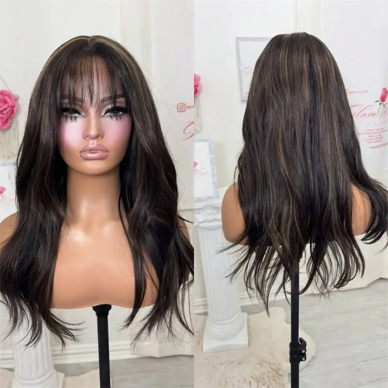 Peluca de mujer Ombre marrón castaño con rayas rubio miel peluca superior con encaje frontal HD sintético con flequillo pelucas para fiesta diarias sin pegamento