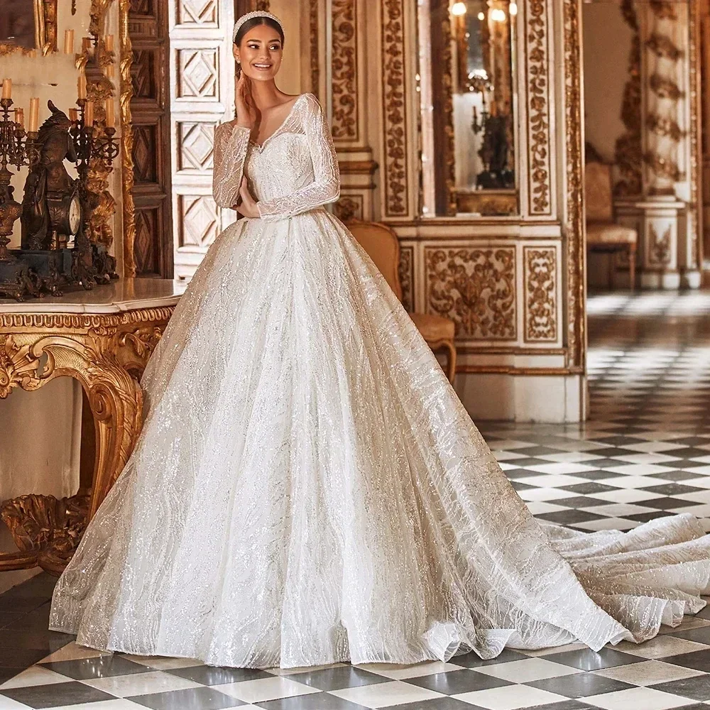 

Luxurious Sparkling Pearl Princess Wedding Dress A-line Women's V-neck Bridal Ball Dress Romantic Wedding Dress Customized