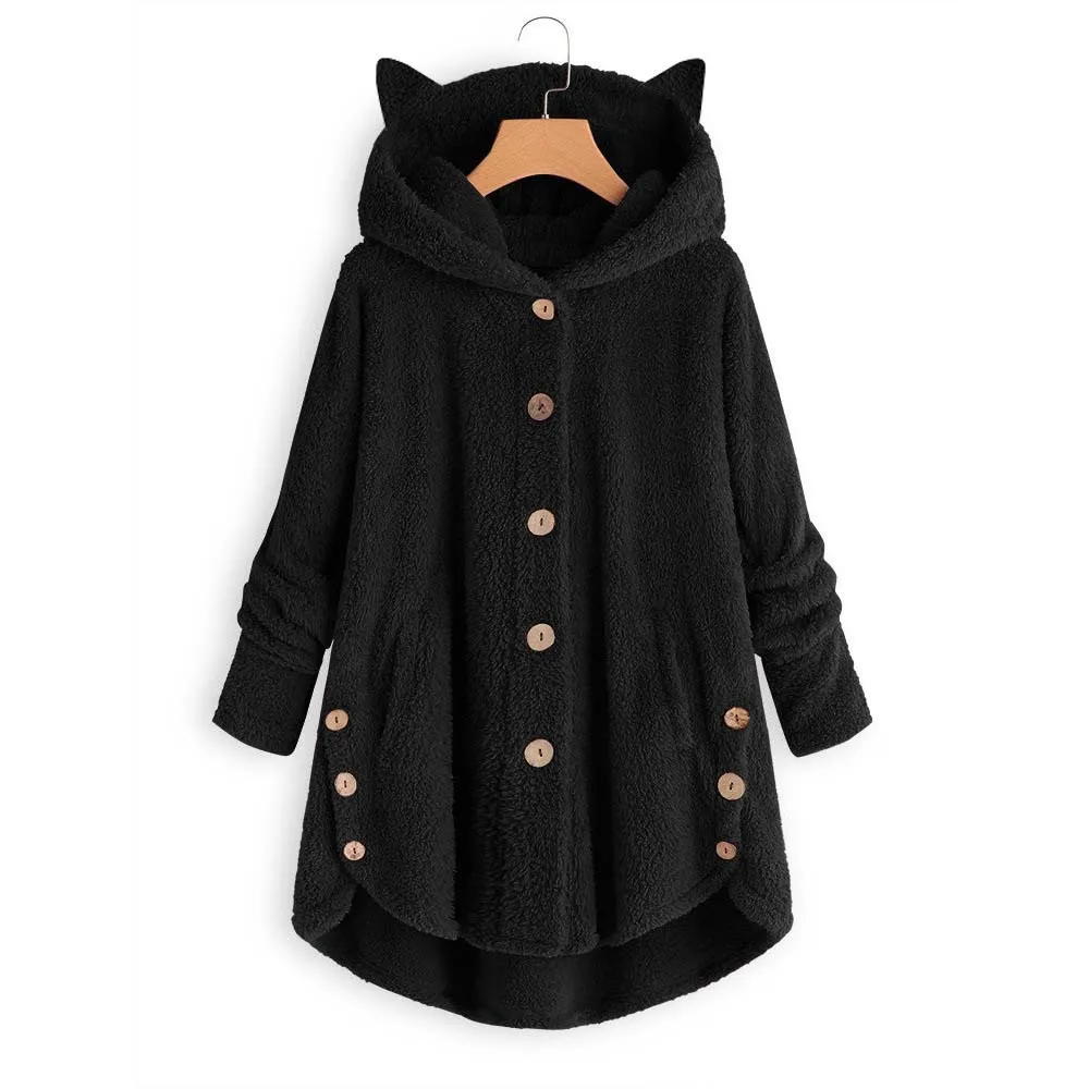 Button Hooded Cat\'s Ears Steamed Cat-ear Shaped Bread Plush Top Irregular Trendy Brand Solid Coat Women