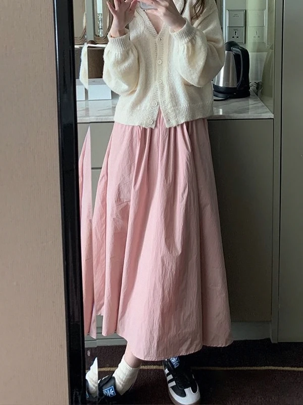 

Faionable Simple Spring New Sle Girls' Pink Color Full Elastic Waist Midi Skirt Women's Mid-Length Umbrella Skirt