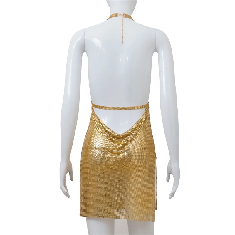 Damen Glänzendes Kettenhemd-Minikleid mit Neckholder und Wasserfallausschnitt für Nachtclub und Abendpartys, Modische Metall-Pailletten-Kleidung, Geschenk für Mädchen und Damen – Detail 11