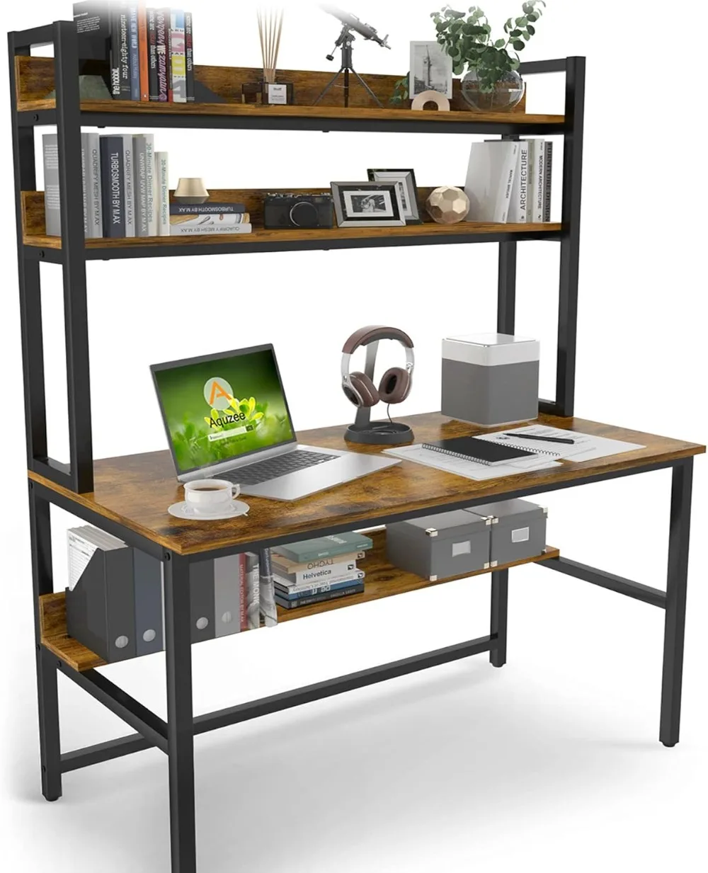 

Computer Desk with Hutch & Shelves, 47in Wide Desk with Bookshelf, Tall Home Office Desk, Metal Legs Study Table