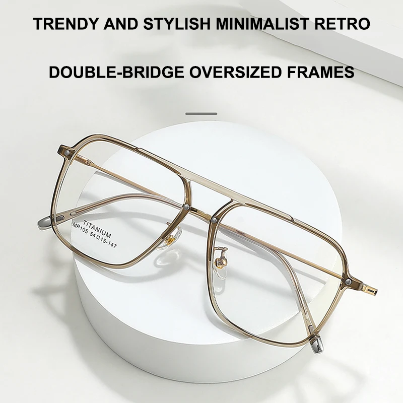 Retro Oversized Wide-Rim Double-Bridge Glasses Frames Semi-Titanium Men's Eyeglasses For Large Faces Business Casual Eyewear