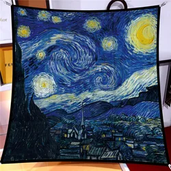 2024 New 90cm Starry Sky Twill Fashion Silk Scarf Square Women Hijab Bandana Foulard Head Scarves Van Gogh Oil Painting Kerchief