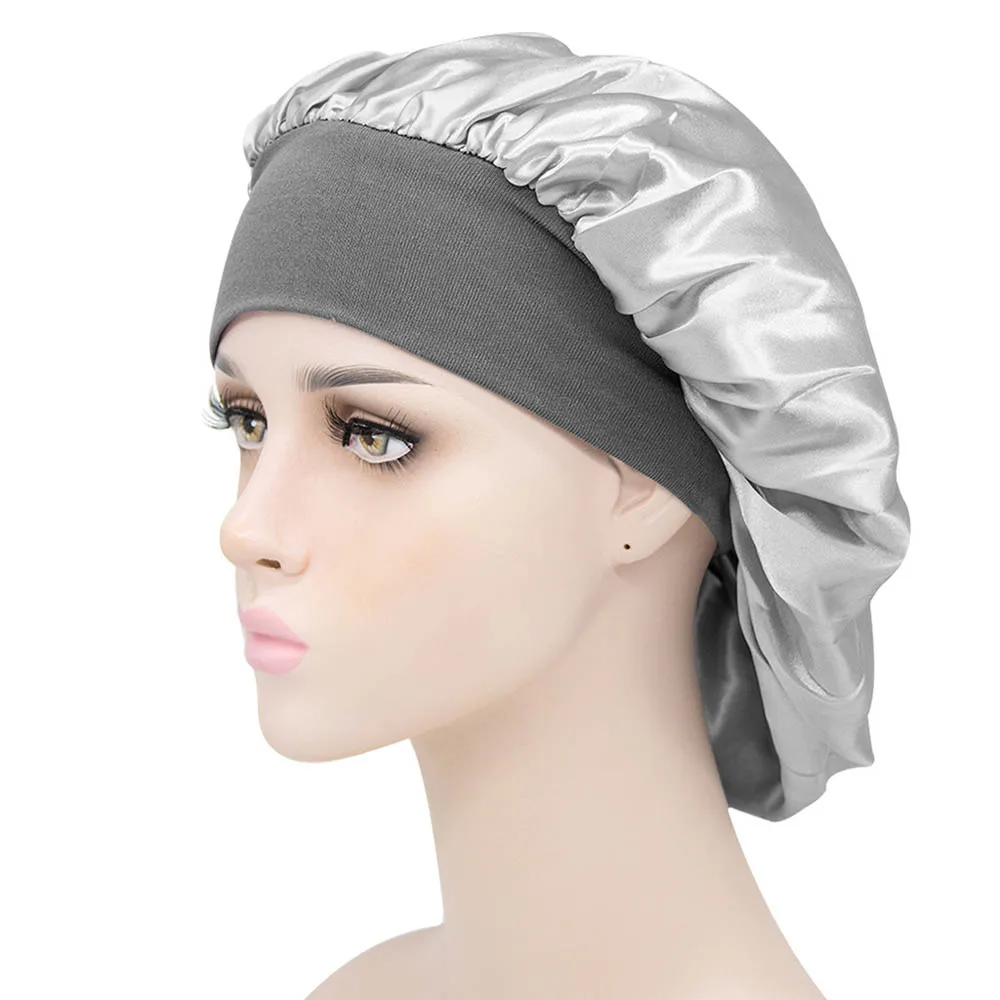

Elastic Wide Nightcap Night Sleep Lady Bath Silk Satin Bonnet Sleeping Hat Shower Caps Hair Cap
